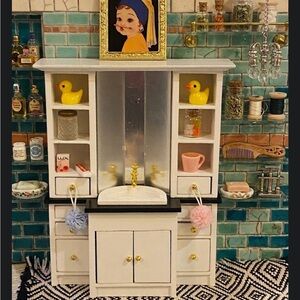 Miniature White Bathroom Vanity with Mirror & Yellow Duck Accessories